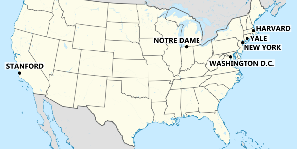 Figure 1. Location of the mentioned Universities, plus Stanford, with New York and Washington D.C. for reference